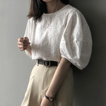 

Wihte Red Half Sleeve Girls Sweet Blouse Summer New Round Neck Doll Shirt Female Korean Style Hollow Puff Sleeve Shirt Women