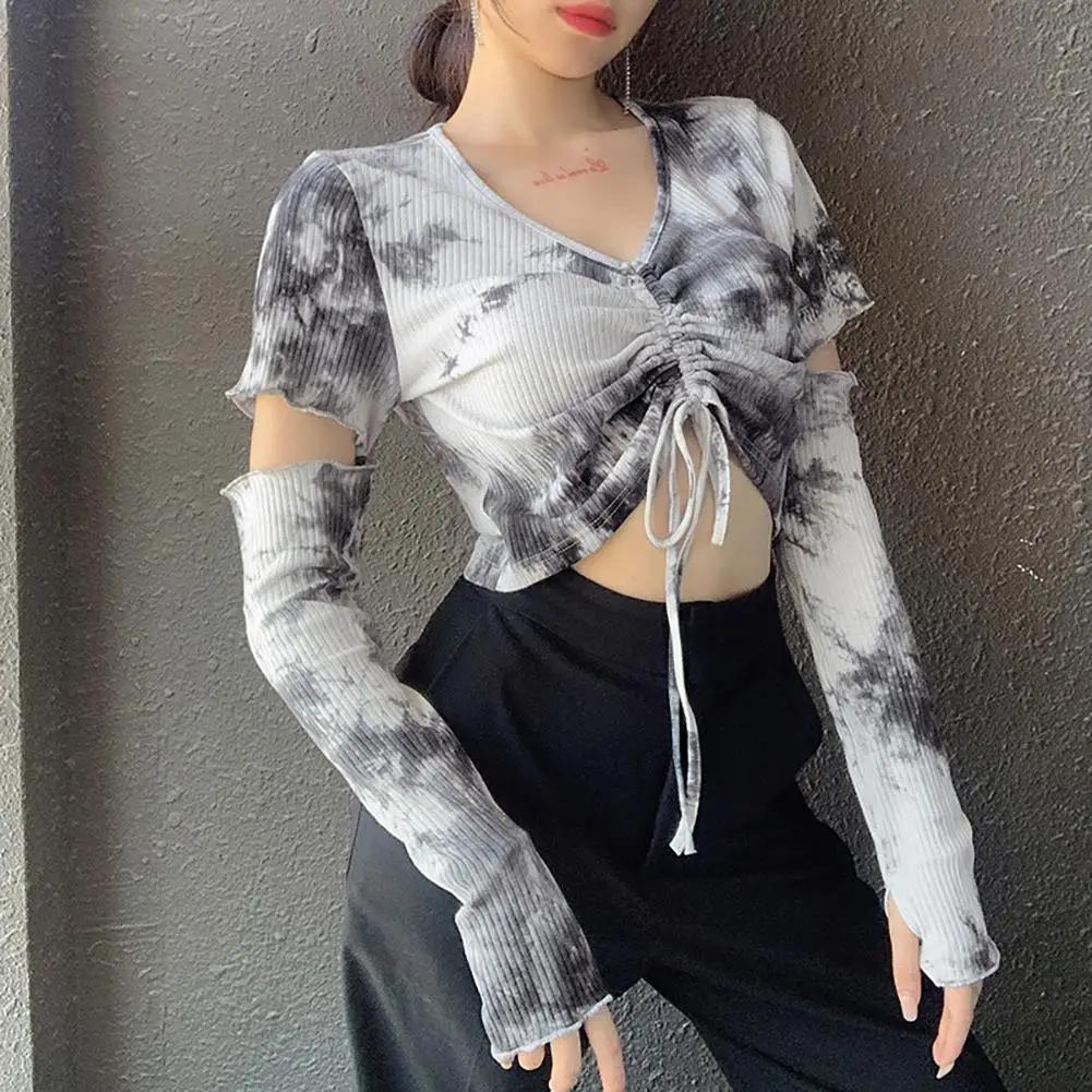 Woman Blouse Dark Fashion Tie Dye Print Shirts Drawstring Front V-neck Tops Tee Ruffles Separate Sleeve Women Top 1