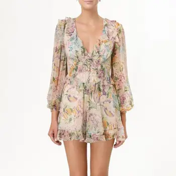 

2020 New Runway Women Luxury Designer High Quality Spring Summer Sexy Deep V Floral Print Long Sleeve Chiffon Mini Dress