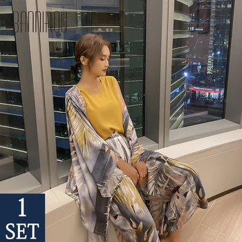 

Women Pyjamas Sets Autumn Spring Printed Pajamas Set Viscose Stars Night Suits Home Wear Female Pajamas Sets 4 Pcs New BANNIROU