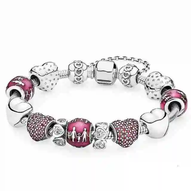 

100% 925 red sterling pave sparkling heart charm family with translucent violet enamel frizzy bracelet present joint