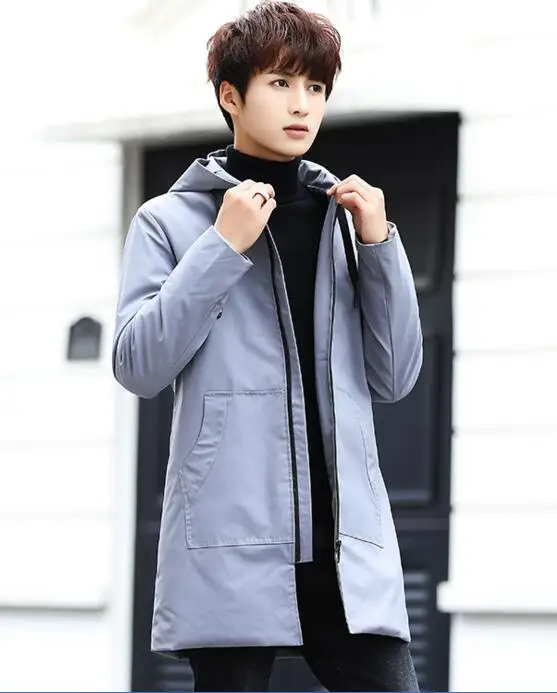 Зимняя куртка мужская с капюшоном Тонкая Корейская парка Hombre длинная куртка кашемировая Мужская ветровка Парка хлопковая молодежная одежда - Цвет: grey
