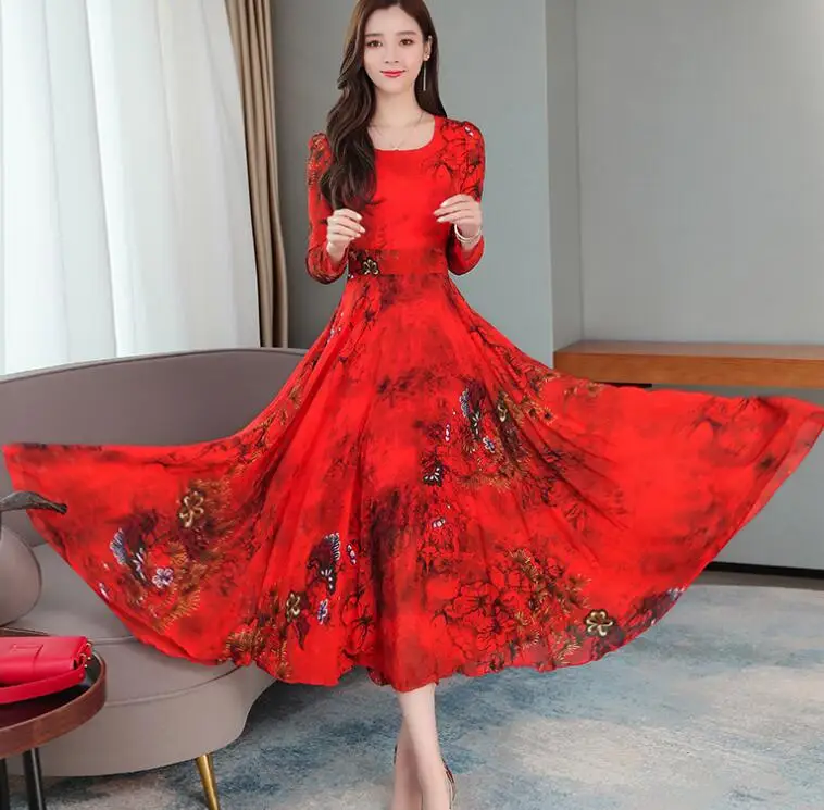

2019 Autumn New Arrival Plus Size M-3XL High Quality Fashion Flower Printed Round Collar Woman Chiffon Long Dress