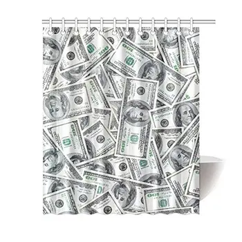

Funny Currency Money 100 Dollar Bills House Decor Shower Curtain for Bathroom, Decorative Fabric Bath Curtain Set with Rings,
