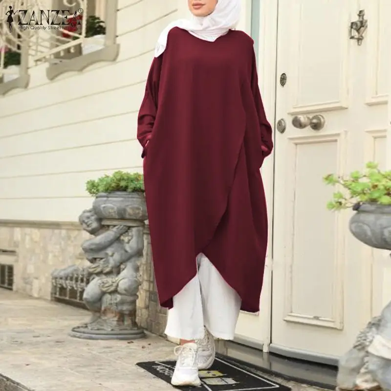 Retro Muslim Dress Womens Asymmetrical Sundress ZANZEA 2020 Casual Long Sleeve Maxi Vestidos Female O Neck Islamic Robe 5XL