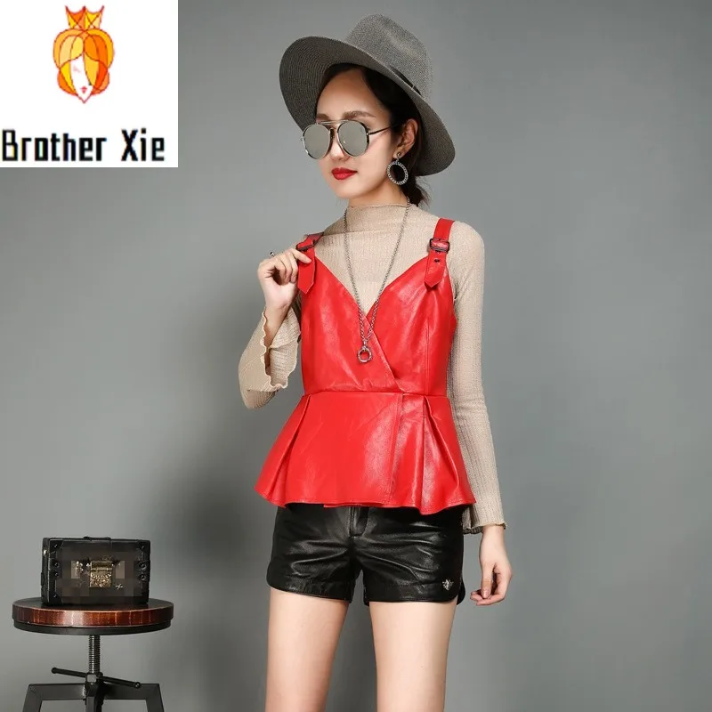 

New Fashion Women Casual Suspenders Vest Ruffles Sheepskin Genuine Leather Female Outwear Short Style Waistcoat Slim Fit Jackets