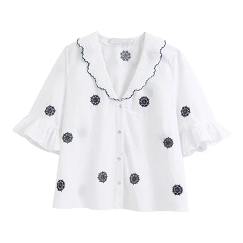 

Sweet Embroidery Ruffled Women Blouses Peter pan Collar Short Sleeve Female Shirts Blusas Mujer Chic Tops