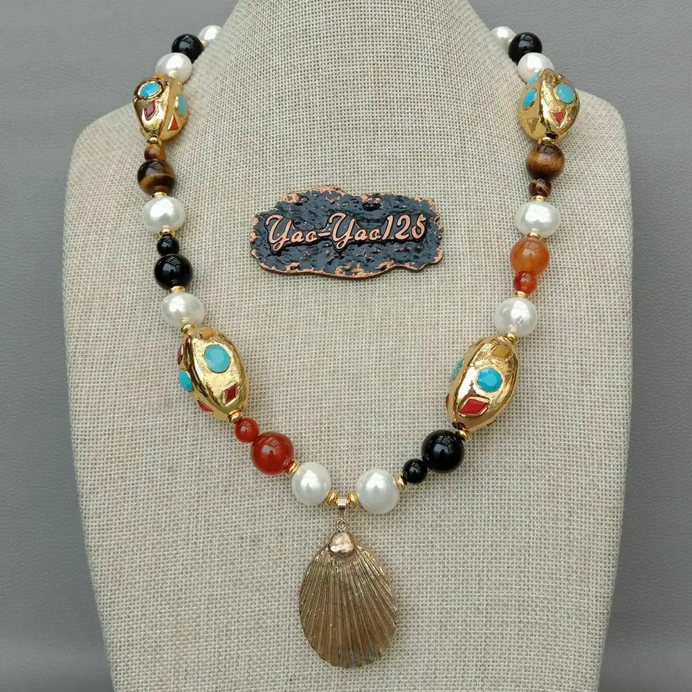 

24" White Sea Shell Pearl Agate Tiger Eye Necklace Shell Pendant