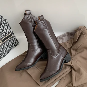 

Women Calf Boots Mid 2020 Pointed Toe Shoes Autumn Fashion Brown Black Boots Women Square Heel Western Cowboy Boots