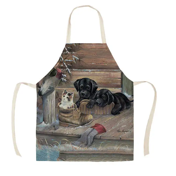 1Pcs Kitchen Apron Sketch black dog Printed Sleeveless Cotton Linen Aprons for Men Women Home Cleaning Tools 55*68cm