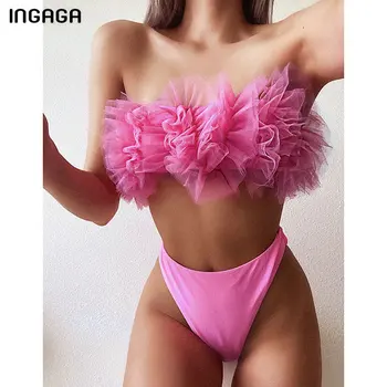 

INGAGA Lace Ruffle Bikinis 2020 Swimsuits High Waist Swimwear Women Bandeau Biquini Bathing Suit Women High Cut Beachwear New