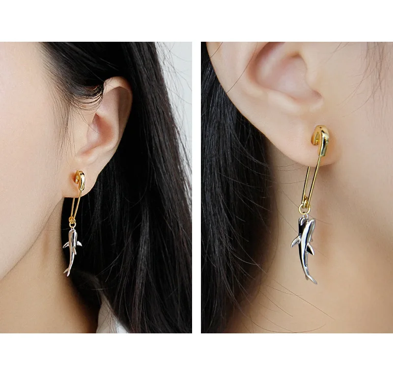 F.I.N.S 1 PC Korean 925 Sterling Silver Earring Only One Piece Single Shark Pin Drop Earrings Personality Female Earrings