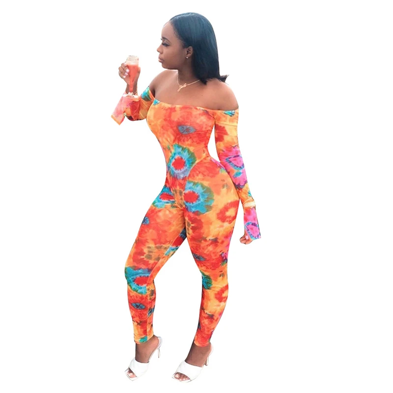 

OLOEY Tie Dye Print Off Shoulder Women Sexy Jumpsuit Slash Neck Long Flare Sleeve Skinny Romper Fashion Night Club Overalls