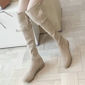 

EshtonShe Flock Winter Square Low Boots Round Toe Solid Platform Warm Snow Boots Women Zipper Over The Knee Shoes Size 3-9