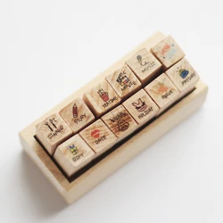 Set of 12 Retro Cartoon Wooden Rubber Stamps - Cute Life & Travel-Themed Seals for Scrapbooking and Planning (C)