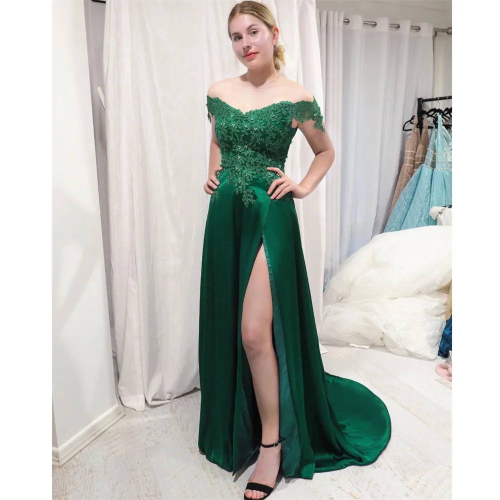 Baijinbai Off Shoulder Lace Evening Dresses Long robe de soiree Appliques A-line Formal Party Gowns Satin Side Slit Prom Dress