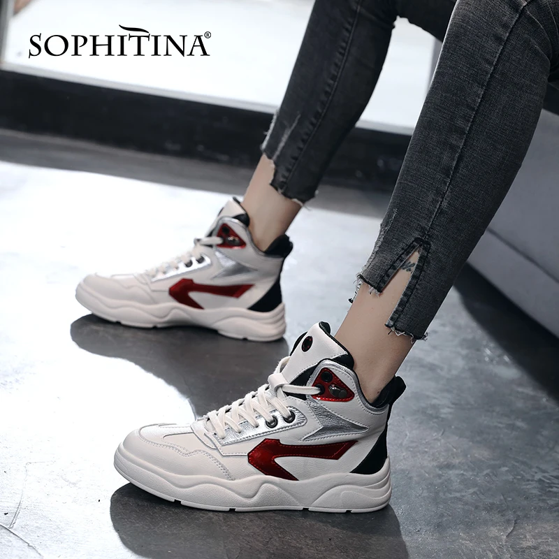 

SOPHITINA Platform High-Top Shoes Women Casual Genuine Leather Sports Patchwork Shoes Round Toe Mid Heel Flat Women Boots SO751