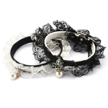 

Lace Cat Collar Adjustable Leather Pet Belt Gothic Decorative Necklace with Pearl Lovely Kitten Puppy Neck Strap Accessories
