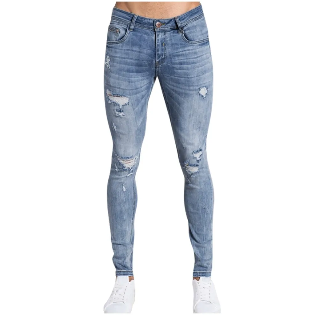 Light blue Мужские Модные джинсы с дырками, потертые джинсы, длинные Узкие рваные брюки, уличная одежда, Pantalones de hombre#3 - Цвет: Light blue