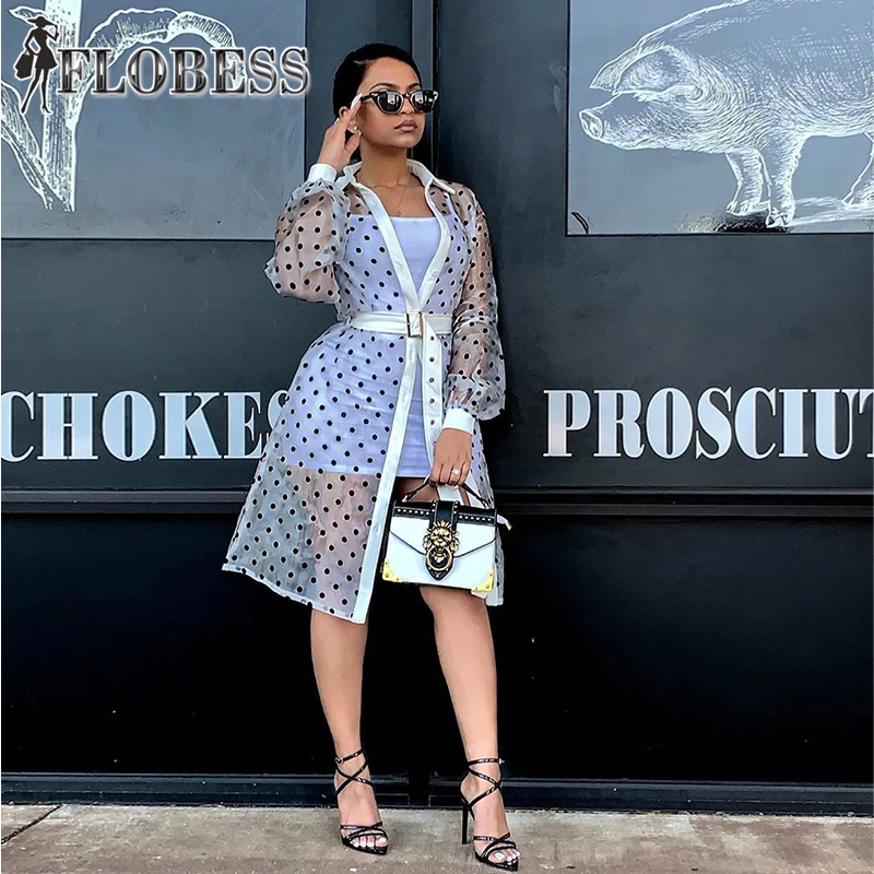 

2019 Autumn Fashion Sexy See Through Dot Print Shirts Women Mesh PU Patchwork Long Shirts