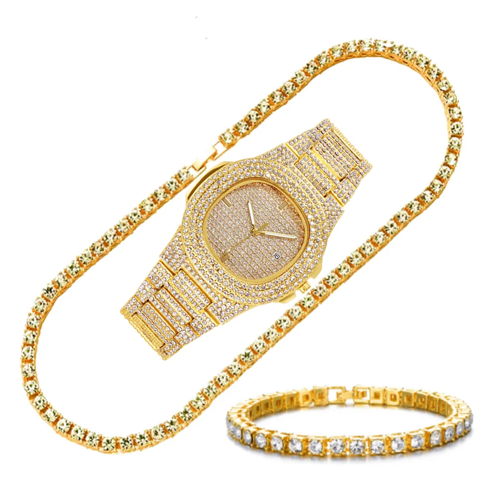 Iced Out Watches for Men Necklace Bracelet Rhinestone Choker Bling Crystal Tennis Chain for Men Jewelry Hip Hop Men gold Watch