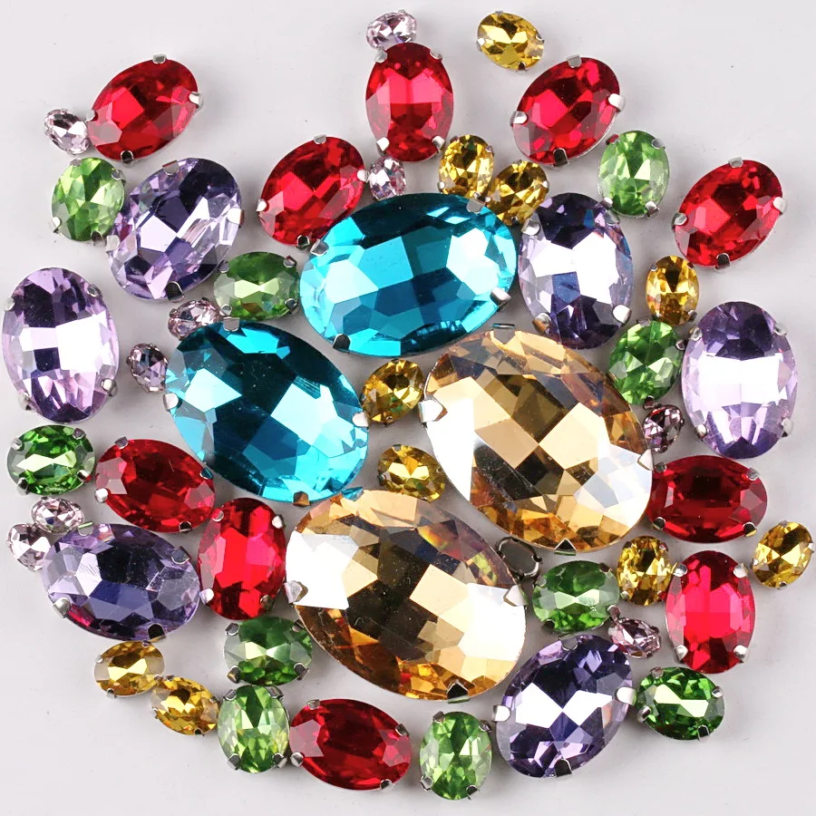 Silberne Krallenfassung, ovale Form, 7 Größen, Mix, 50 Stück/Beutel, Glaskristall, zum Aufnähen, Strassperlen, für Hochzeitskleider, Schuhe, Taschen, DIY-Verzierung