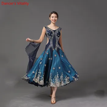 

Modern Dance Racing Costume Slap-up Embroidered Mesh Diamond Dress Ballroom National Standard Waltz Jazz Dancing Stage Outfits