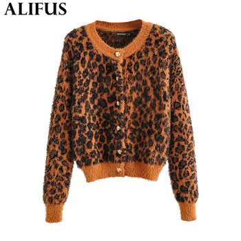 

Fashion Za Women Sweaters 2020 Vintage Leopard Print O-Neck Chic Single Breasted Cardigan Knitting Warm Ladies Sweaters Female