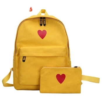 

ZZSLHL 2pcs High Quality Canvas Printed Heart Yellow Backpack Korean Style Student Travel Bag Girls School Bag Laptop Backpack