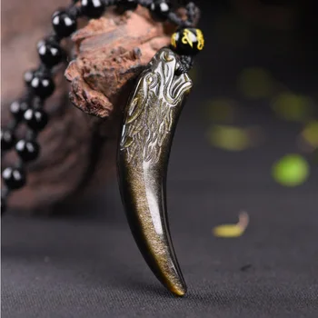 

Natural Black Obsidian Golden Obsidian Ice Obsidian Pendant Amulet Talismans Lovers Wolf Tooth Jade Necklace For Women Men