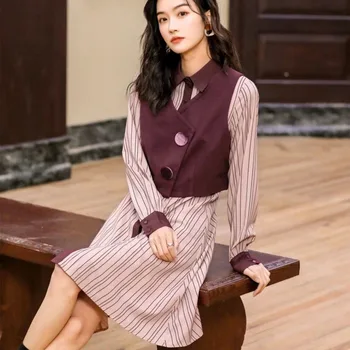 

TVVOVVIN 2020 new spring and summer fashion women clothes turn-down collar shirt and vest two pieces set dress WK19014L