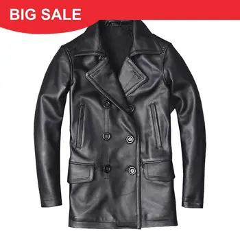 

2020 Black Men Long Casual Leather Jacket Double Breasted Plus Size XXXXXL Genuine COwhide Russian Autumn Natural Leathe Coat