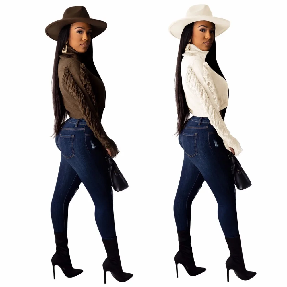 Модная уличная одежда в стиле ретро, Женский однотонный пуловер, укороченный топ,, Классический женский топ с высоким воротником и длинным рукавом, футболка с кисточками сбоку
