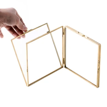 

HOT Folded Double-Sided Glass Metal Photo Frame, Botanical Specimen Holder, Electroplated Gold-Covered Display Stand 132x132mm