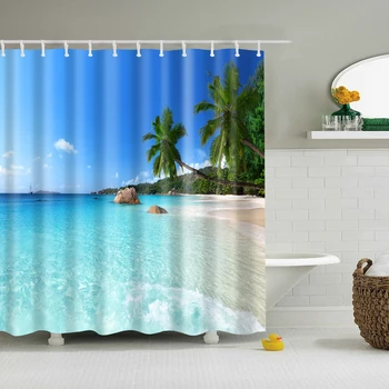 

Waterproof Polyester Fabric Bathroom Shower Curtain Beach Scenery Window View Bath Curtain Large bathroom curtain