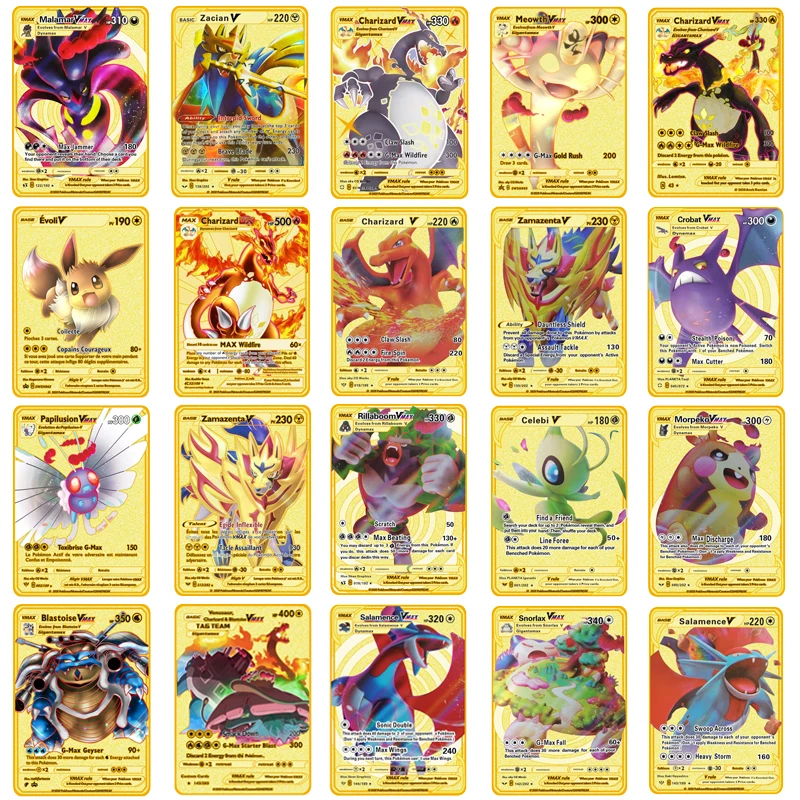 2021 tarjetas de Pokemon Charizard de tarjeta de Metal PIKACHU Charizard de Vmax tarjeta de regalo de colección niños tarjetas de juego de colección