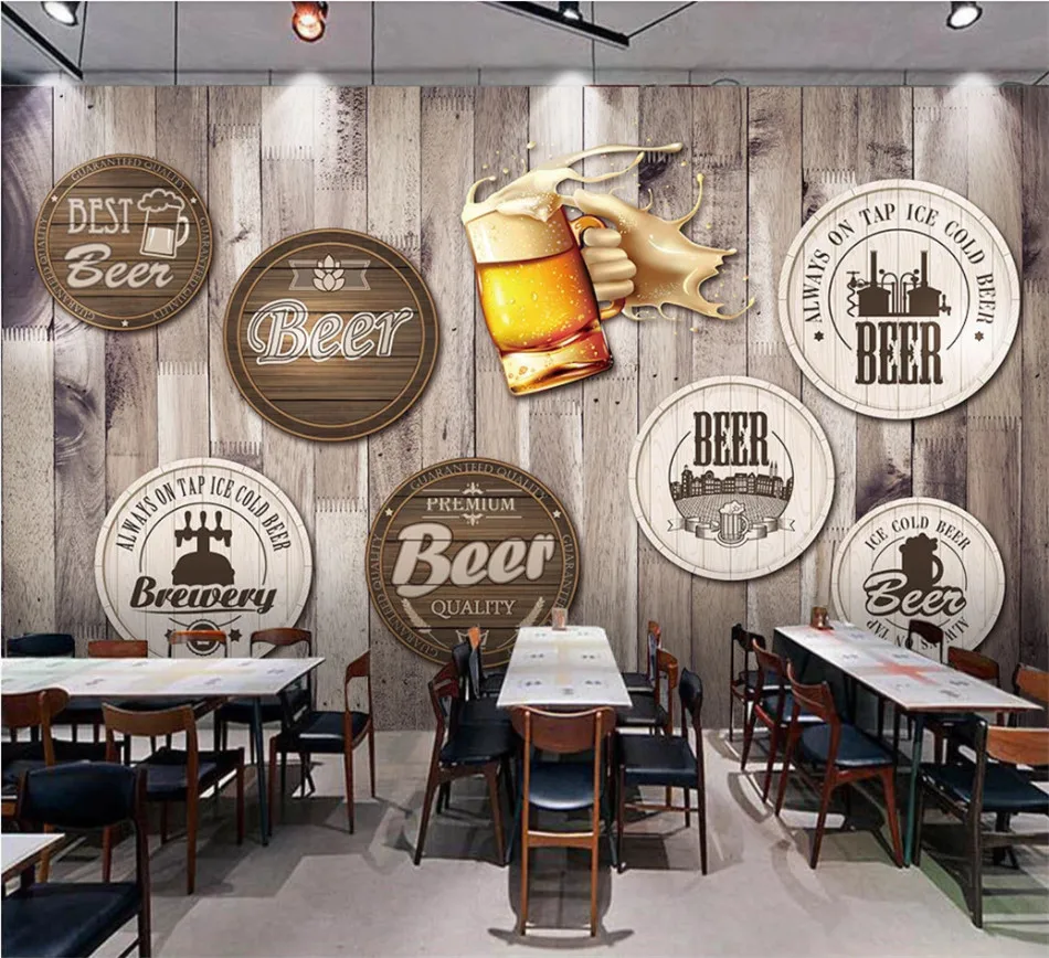 European and American Style Retro Wood Board Background Beer Mural Wallpaper Restaurant Bar KTV Industrial Decor Wall Paper 3D