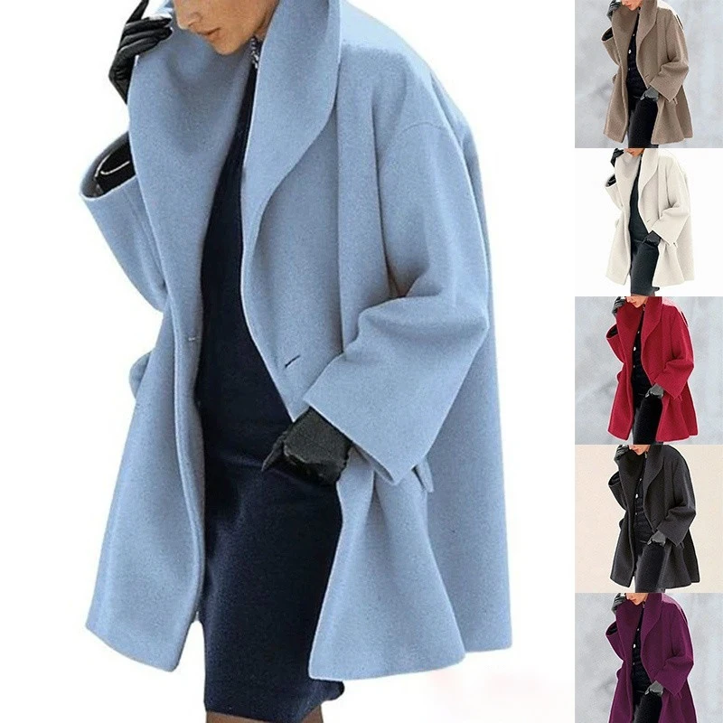 

Winter 2020 Women's Wool Coat Casual Loose Hooded Blended Coat Fashion Button Solid Color Office Ladies Jacket
