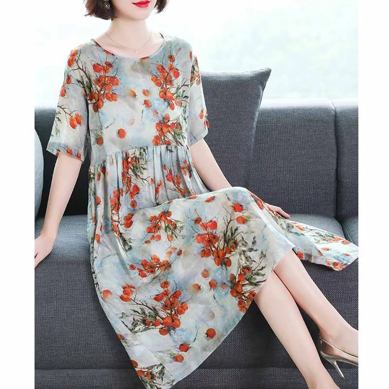 

Floral-Print Dress 2019 New Style Summer Wear Mid-length Loose-Fit Slimming Elegant Large Size Cotton Linen Skirt-