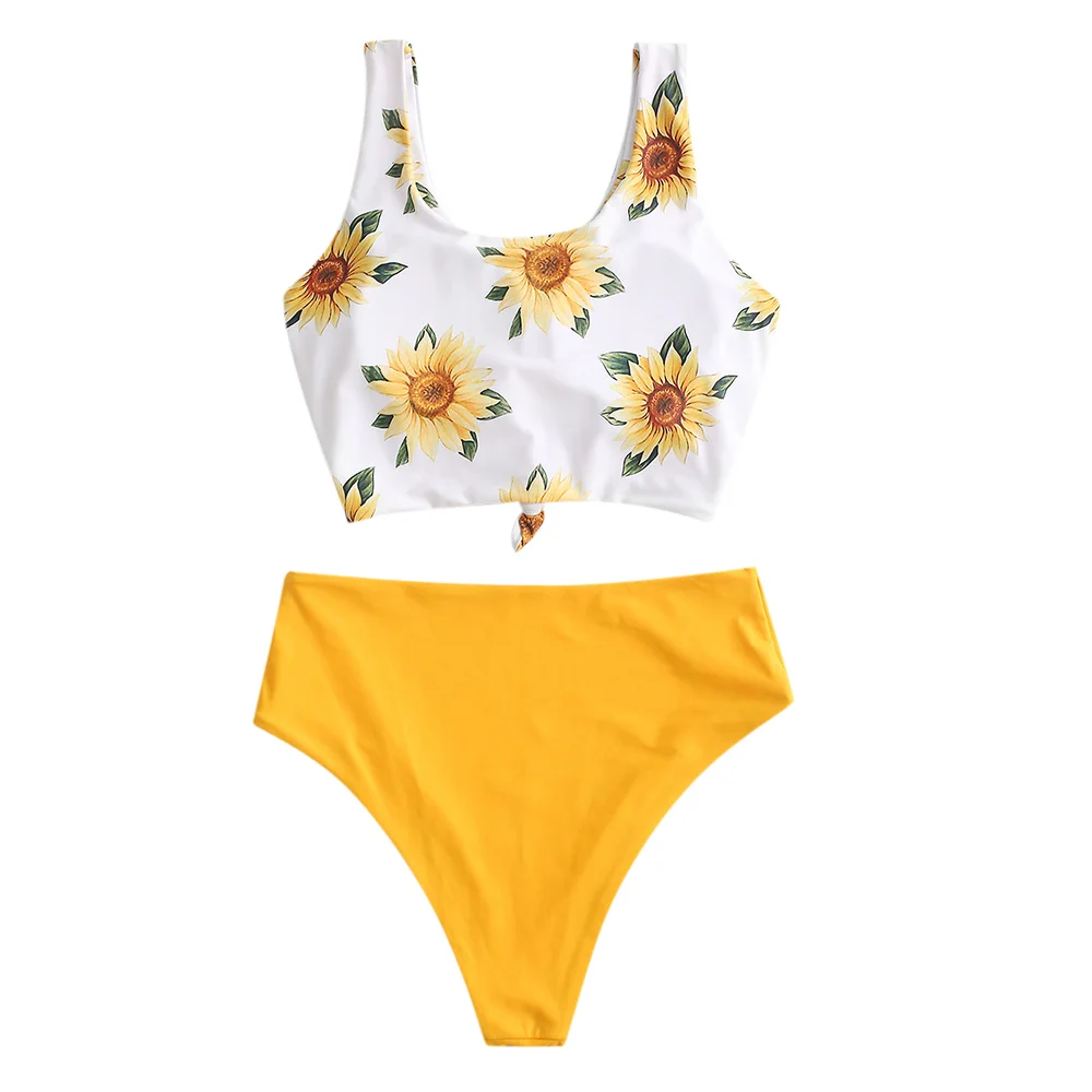 ZAFUL Sunflower Knot Reversible High Waisted Tankini Swimsuit Women Scoop Neck Crop Top Swimwear Summer Fashion Bathing Suits ZAFUL Sunflower Knot Reversible High Waisted Tankini Swimsuit Women Scoop Neck Crop Top Swimwear Summer Fashion Bathing Suits