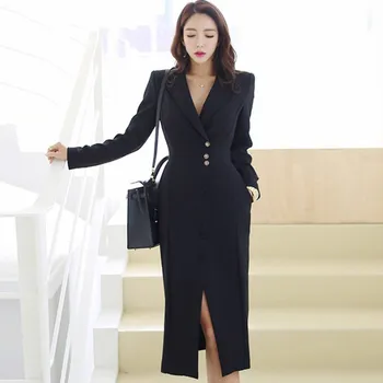 

2020 New Women OL Work Blazer Dress Notched Collar Long Sleeve Single-Breasted Business Dress Office Lady Sexy Split Midi Dress