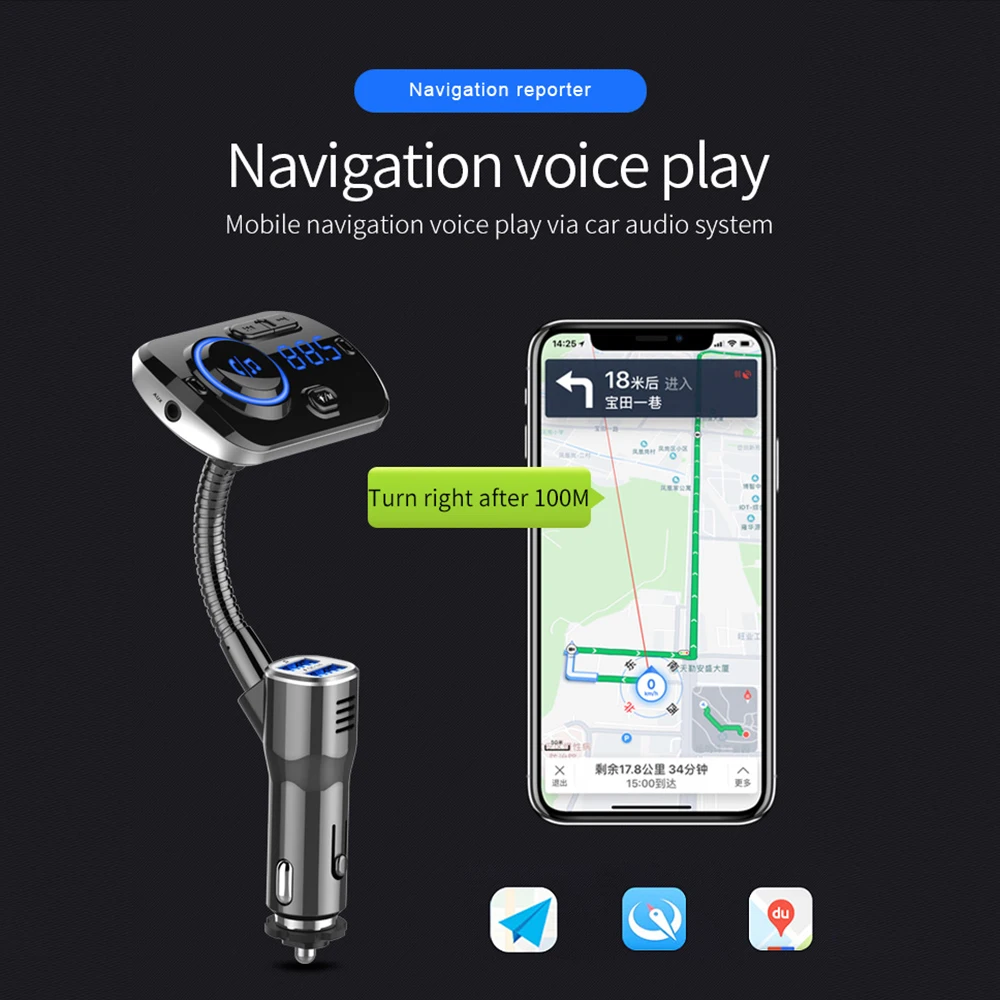 Hands-free Calling Bluetooth FM Transmitter Car Kit Wireless MP3 Player 5V1A USB Car Charger Support 2 Phones Connection TF Card