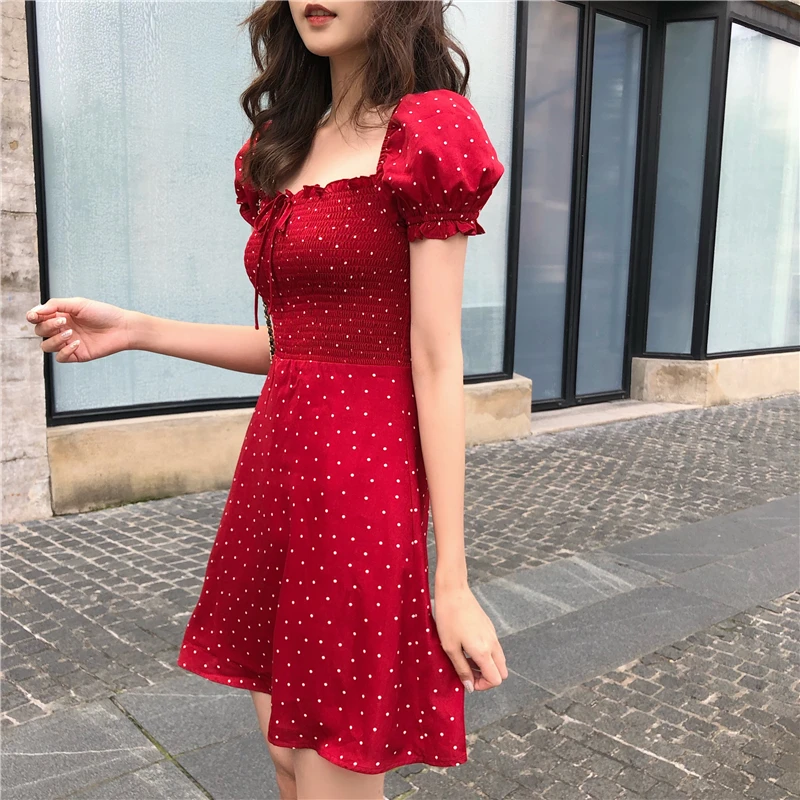 Женская одежда vestidos шикарное платье в горошек с пышными рукавами и квадратным воротником с бантом летнее модное красное платье в винтажном стиле корейские платья