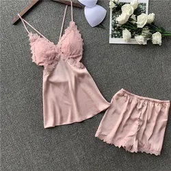 2020 Summer Women Sexy Pajamas Sets With Shorts Female Silk Sleeveless Pyjama Lace V-neck Backless Pijama With Chest Pads