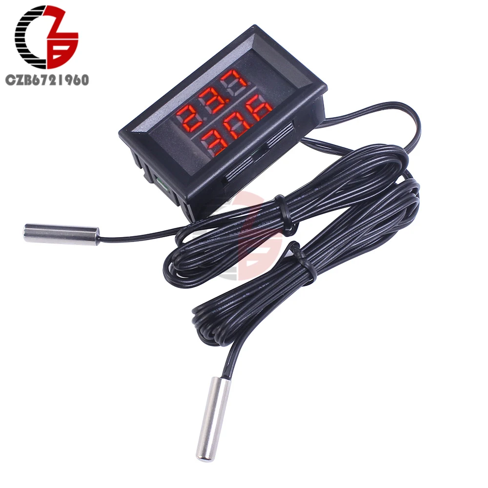 

3 Digit 0.28 inch DC 4V-28V Dual Thermometer Dual LED Display NTC Waterproof Sensor Thermal Thermo Meter 5V 12V 24V Tem Tester