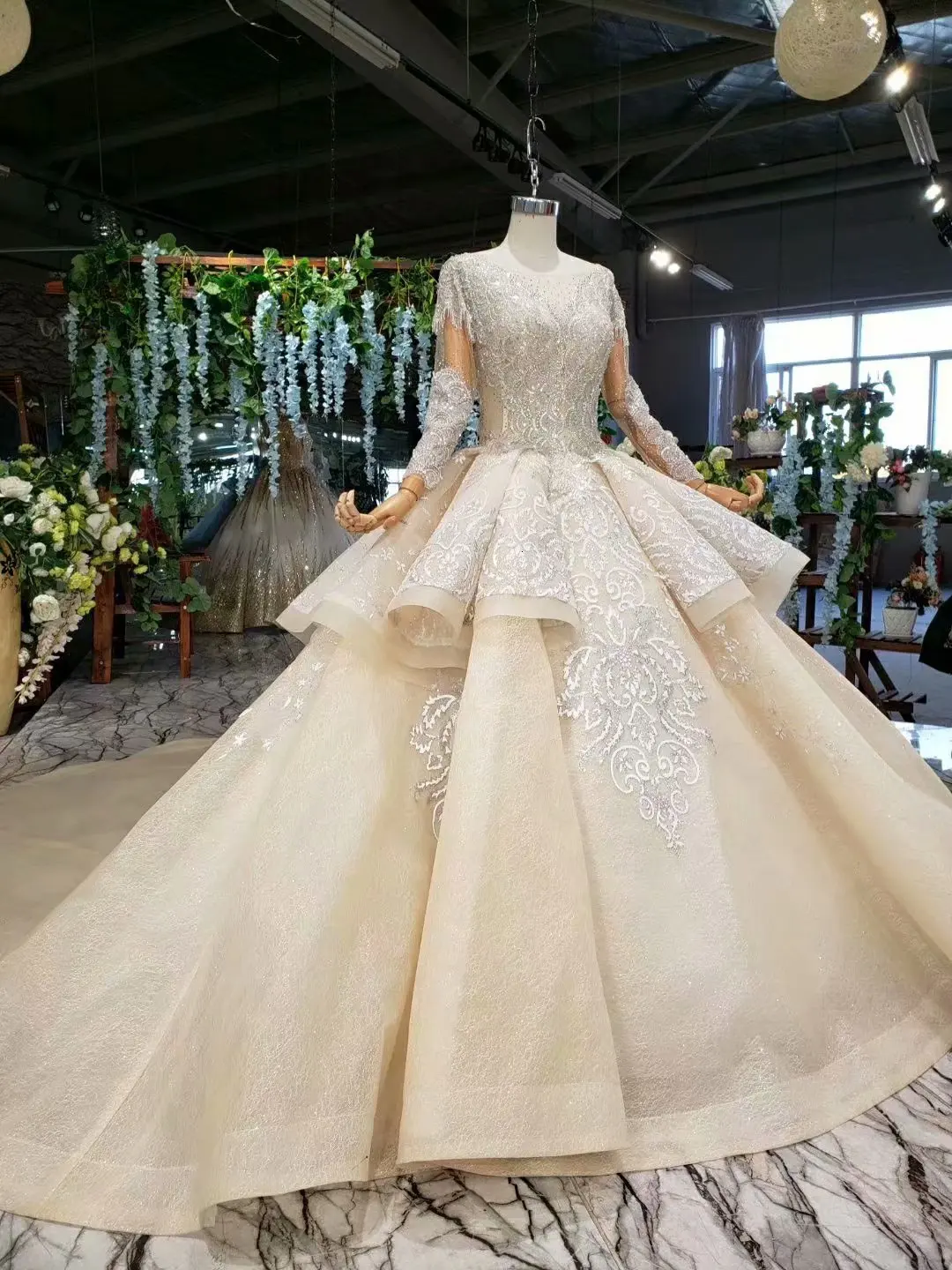BacklakeGirls Robe De Mariee, арабское роскошное свадебное платье с бусинами, круглый вырез, длинные рукава, аппликация, свадебные платья, Vestidos De Novia