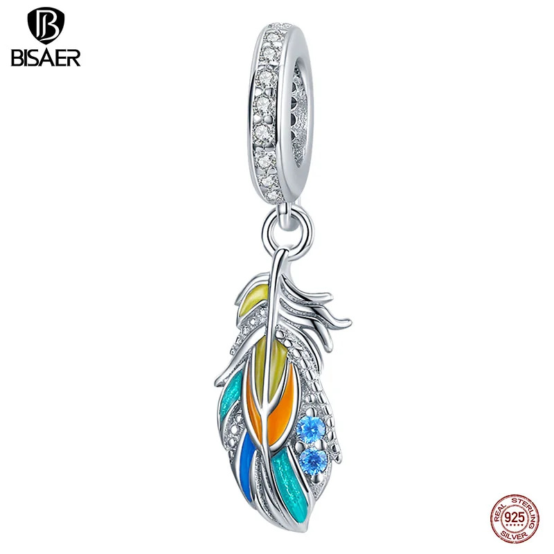 BISAER Rainbow Feather Dangle Charms 925 Sterling Silver Colorful Enamel Pendant DIY Bracelets Necklace Fashion Jewelry EFC304 BISAER Rainbow Feather Dangle Charms 925 Sterling Silver Colorful Enamel Pendant DIY Bracelets Necklace Fashion Jewelry EFC304