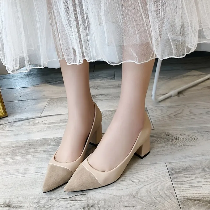 

2020 Pointed High Heels Suede Shallow Mouth Thick with Black Slip-On Work Shoes Trend Pumps fashion wild Women Shoes Y21-79