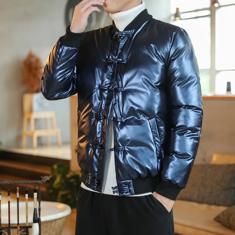 Winter Japanese Style Fashion Down Jacket Coat Tang Suit Disc Buckle Large Size National Tide Bright Face Men's Casual Male
