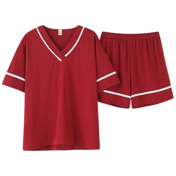 

Home Wear Big Size 3XL Wine Red Short Sleeve Pajamas Set Women Cotton 2 PCS Shirt&Shorts Casual 2PCS Sleepwear Pajamas Suit